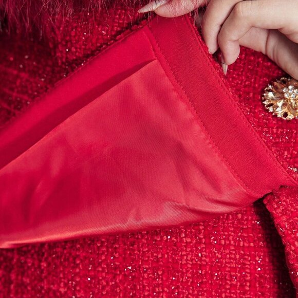 Red Elegant Women's Tweed Fluffy Panel Off Shoulder Jacket - Picture 9 of 9